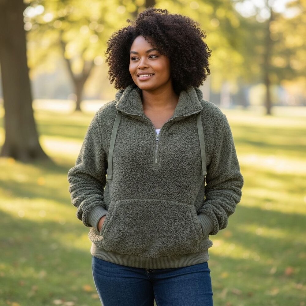 Vtg Members Mark Womens XL Cozy Faux Sherpa Pullover Olive Green Pockets 3/4 Zip